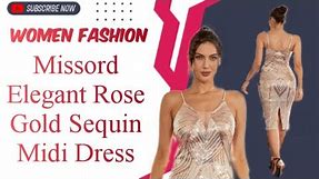 Missord Elegant| Rose Gold Sequin Midi Dress|Women Spaghetti Strap|Bodycon Wedding Party Prom Dress