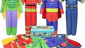 Boys Muscle Chest Dress up Costumes Set Trunk with Superhero, Policeman, Fireman, Kids Pretend Role Play , Boys Dress up Clothes for Kids Ages 4-7