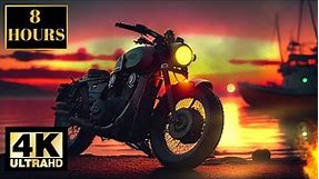 Motorcycle Fire Sunset Water Wallpaper Screensaver Background 4K 8 HOURS With Music