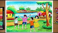 How To Draw A Childhood Memories Scenery Step By Step | Children's Day Drawing | Village Drawing