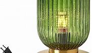 Glass Table Lamps Mid Century Modern Globe Table lamp Gold Desk lamp nightstand lamp with Green Pumpkin Design Ribbed Glass Bedside Table Lamp for Bedroom Living Room Office