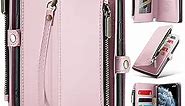 Compatible with iPhone 11 Pro Max Wallet Case with Card Holder【RFID Blocking】 Zipper, for iPhone 11 Pro Max Cases Wallet Wristlet PU Leather Magnetic Flip Folio Cover for Women Men, Pink