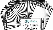 SUNEE 30 Packs Oversized Reusable Dry Erase Pocket Sleeves with 2 Rings, Black 10x14 Ticket Holders, Clear Plastic Sheet Protectors, Teacher School Classroom Supplies