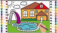 How to Draw a Beautiful Swimming Pool in Front of a Minimalist House | Coloring Pages for Kids #65