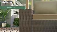 Halmuz 7-Piece Wicker Patio Conversation Set with 55000 BTU Gas Fire Pit Table and Glass Coffee Table and Grey Cushions (6+1)-Grey