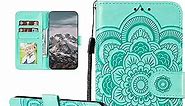 EYZUTAK Case for Samsung Galaxy A15 4G/5G, Premium Leather Magnetic Closure Flip Wallet Phone Case with Card Holder Cash Slot Stand Function Embossed Mandala Flower Shockproof Lanyard Cover - Green