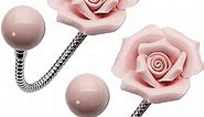 Beautiful 3D Flower Ceramic Wall Coat Hook, Chrome Decorative Robe Hook, Scarf, Bag, Towel, Hat etc for Kitchen Bathroom Office - YL00006-2 (2Pcs Rose Pink Set)