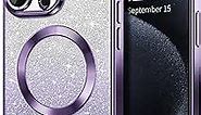 Hython for iPhone 15 Pro Case Clear Magnetic Glitter Phone Cases [Compatible with MagSafe] Full Camera Lens Protector Slim Gradient Sparkle Luxury Plating Shockproof Protective Cover Women, Purple