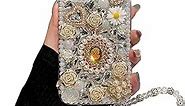 iFiLOVE for iPhone 15 Plus Bling Diamond Case with Flower Strap, 3D Luxury Sparkle Glitter Crystal Rhinestone Pearl Love Rose Wristband Bracelet Case Cover for Girls Women Kids (White)