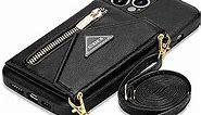 SZHAIYU Wallet Crossbody for iPhone 13 Pro Max Phone Case with Lanyard Strap Credit Card Holder 6.7'', PU Leather Protective Handbag Zipper Purse Kickstand Cover Women Girl (Black)
