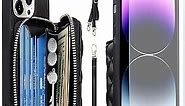 MONASAY Zipper Wallet Case Fit for iPhone 14 Pro Max, 6.7in [Glass Screen Protector ][RFID Blocking] Flip Leather Handbag Phone Cover with Card Holder & Crossbody Lanyard Strap, Black
