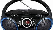 SINGING WOOD 030C Portable CD Player Boombox with AM FM Stereo Radio, Aux Line in, Headphone Jack, Supported AC or Battery Powered (Black with a Touch of Blue Rims)