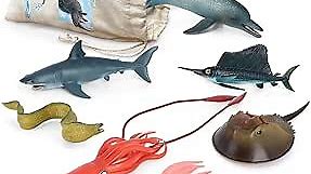Volnau Sea Creature Toys 9PCS Pacific Ocean Animal Figurines Shark Fish for Toddlers Kids Christmas Decoration Gift Plastic Preschool Pack and Bath Dolphin Set