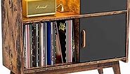 HAIOOU Record Player Stand with LED Lights, Large Vinyl Record Storage Cabinet with Power Outlet, Mid Century Turntable Stand Holder, Album Record Storage Rack with Wood Legs for CD, Magazine, Book