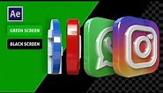 SOCIAL MEDIA ICONS 3D ANIMATED GLOSSY VERSION BLACK SCREEN GREEN SCREEN