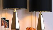 Hamucd Set of 2 Mirrored Glass Bedside Table Lamps with 2 USB Ports for Bedrooms Modern Amber Side Nightstand Lamps with Gold Black Fabric Shade Geometric Comtempory Living Room Lamps for End Tables