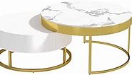 homary White Round Coffee Table with Storage White Faux Marble Nesting Coffee Table with Rotatable Drawers