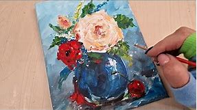 Still life vase with flowers QUICK and EASY. How to paint Abstract flowers,acrylic.Paint in gloves