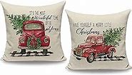 CARRIE HOME Vintage Christmas Red Truck Green Tree Throw Pillow Covers 20x20 Set of 2 Outdoor Christmas Pillows for Sofa Couch Farmhouse Christmas Decor