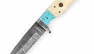Perkin Handmade Damascus Steel Hunting Knife - Bone and Turquoise Handle -9 inches long