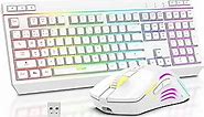 RedThunder K20 Wireless Keyboard and Mouse Combo, Full Size Anti-Ghosting Keyboard with Multimedia Keys + 7D 4800DPI Optical Mice, Rechargeable RGB Gaming/Office Set for PC Laptop Mac Xbox (White)
