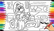 SUPER MARIO KART COLORING PAGES - DRAWING MARIO KART IN HIS GARAGE - VIDEOGAME COLORING PAGES