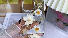 CEOKOK for iPhone 13/iPhone 14 Case Clear with Real Pressed Flowers Design Glitter Cute Sparkly Floral Pattern Slim Soft TPU Protective Women Girl's Phone Cover (Gold)