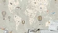Kids Room Wallpaper – World Map Wallpaper with Animals - Nursery Wallpaper Peel and Stick – Kids Wall Murals Removable for Girls Boys Baby – Wall Decal Stickers Waterproof Self Adhesiv (148W x 118.1H)