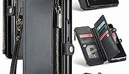 Defencase Galaxy Z fold 3 Case, Samsung Z fold 3 Case with Pen Holder Slot, RFID Blocking Samsung Galaxy Z fold 3 Wallet Case for Women Men with Card Holder Zipper Wrist Strap PU Leather Flip, Black