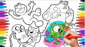 Cartoon Characters Coloring Book Page 1: Monster & Co, Adventure Time and Elmo