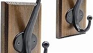 Towel Hooks for Bathroom Wall Mounted, 2 Pack Farmhouse Rustic Wall Hooks for Hanging Robe Hat Keys, Heavy Duty Wood Black Coat Hooks for Kitchen Bedroom Decorative (Weathered Brown)