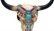 alikiki Southwest Cow Skull Wall Decor - Rustic Tribal Bull Head Skull with Turquoise Stone 3D Resin Long Horn Faux bison Steer Buffalo Skull Wall Hanging for Home Office Room Wall Art Ornament