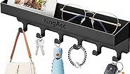 Key Holder for Wall Decorative, Wall Mounted Key and Mail Organizer, Adhesive Key Rack/Hanger with Tray,6 Key Hooks for Entryway Hallway Kitchen Farmhouse (Black)