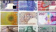 Banknotes, Bills of the Dutch Guilder. Notes in circulation when the euro was introduced. Last Issue