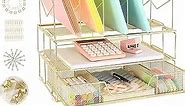 Desk Organizers and Accessories - Double Tray and 5 Upright Sections, Office File & Supplies Organizer with Drawer, Binder Clips, Gold
