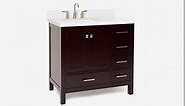 ARIEL 36" Espresso Bathroom Vanity Base Cabinet, Left Offset Sink Configuration, 2 Soft Closing Doors, 5 Full Extension Dovetail Drawers, Brushed Nickel