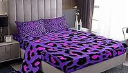 Manfei Purple Leopard Sheet Set King Size, Wild Cheetah Print Bed Sheet Set 4pcs with Deep Pocket Fitted Sheet + Flat Sheet + 2 Pillowcases, Animal Fur Print Bedding Set for Kids Boy Girls Room Decor