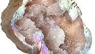 KALIFANO Angel Aura Quartz Geode - Titanium Bonded High Energy Crystal Cuarzo Cluster/Druzy with Information Card - Natural Reiki Rock Used for Clarity and Purpose (Family Owned and Operated)