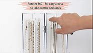 Acrylic Necklace Holder, Clear Necklace Organizer with 24 Hooks, Dustproof Rotation Jewelry Storage Holder Stand, Long Necklaces Pendant Bracelets Display Case for Dresser Bathroom Vanity Countertop