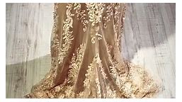 Ostrich feather embellished gold lace dress Slay My Look