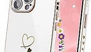 iPhone 14 Pro Case, Square iPhone 14 Pro Case Gold Luxury Women Cute Heart Design Silicone Bumper Phone Case iPhone 14 Pro Camera Lens Protective Case for Apple iPhone 14 Pro White Girl Chain