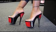 Ashley Tries Out Pleaser ADORE-701BR Black Red 7 Inch High Heel Mule Shoes With Test Walking