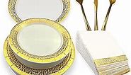 Lovelyduo 300 Piece Gold Dinnerware Set for 50 Guests, Disposable Paper Plates for Party, Wedding, 50 Napkins, 50 Dinner Plates, 50 Salad Plates, 50 Tableware Set