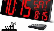 XREXS Large Digital Wall Clock WiFi Sync, 16.5 in Large Display Wall Clock with Temperature/Date/Week, LED Big Digital Timer Clock with Remote Control, Alarm Clock for Home and Office, Auto-dimming