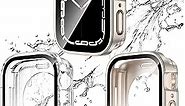 2 Pack 2 in 1 Waterproof Case for Apple Watch Series 8 7 45mm, Straight Edge PC Front & Back Bumper with Tempered Glass Screen Protector 360 Protective Cover for iWatch (45mm, Starlight/Clear)