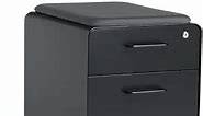 Poppin Mobile Mini Sittable Stow Rolling File Cabinet - Black with Black Seat Cushion. Two Locking Drawers and One Key Lock. Two Keys Included. One Utility Drawer and One Hanging File Drawer