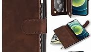 ZZXX iPhone 12 Mini Wallet Case with Card Slot Premium Soft PU Leather Zipper Flip Folio Wallet with Wrist Strap Kickstand Protective for iPhone 12 Mini Case Wallet(Coffee 5.4 inch)