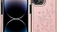 for iPhone 14 Pro Wallet Case for Women - Embossed Butterfly Design with Card Holder, Kickstand and Magnetic Closure - TPU Shockproof Protective Cover for iPhone 14 Pro 6.1 Inch (Rose Gold)