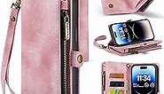 for iPhone 14 Pro Max Case, 2 in 1 iPhone 14 Pro Max Wallet Case with Premium Leather Zipper Lanyard Card Holder, Durable Wristlet Flip Case Wallet Money Pocket Cover Pink