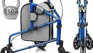 Vive Mobility 3 Wheel Walker - Three Wheeled Rollator for Seniors - Lightweight, Foldable, Narrow, Heavy Duty - for Elderly Men Women - Folding 3-Wheel Tri Scooter with Basket Bag (FSA HSA Approved)